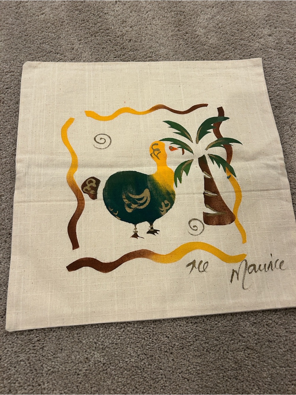 Hand-Painted Tropical dodo Bird Linen Pillow Cover - Green & Yellow